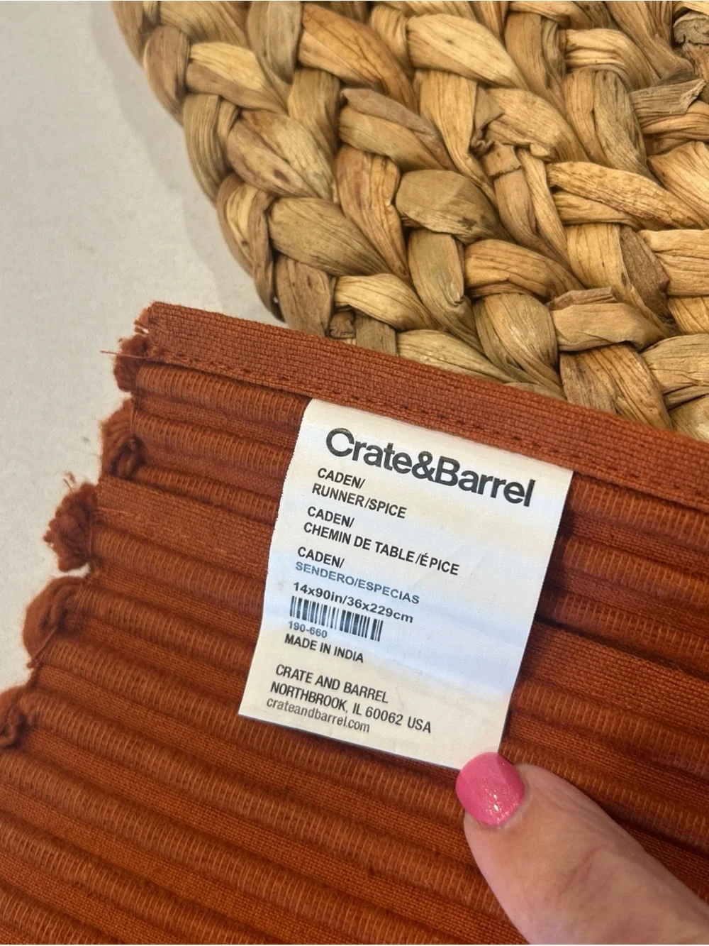 Crate&Barrel Ribbed Spice Orange Table Runner 14”x90”